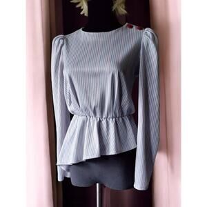 Vintage 70's striped blouse with puff shoulder and asymmetrical peplum hem